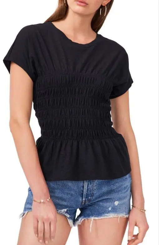 1.STATE Smocked T-Shirt, Size Small in Rich Black at Nordstrom