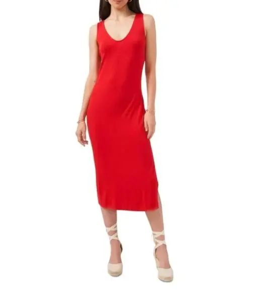 1 STATE Womens Red Stretch Scoop Neck Midi Cocktail Sheath Dress S