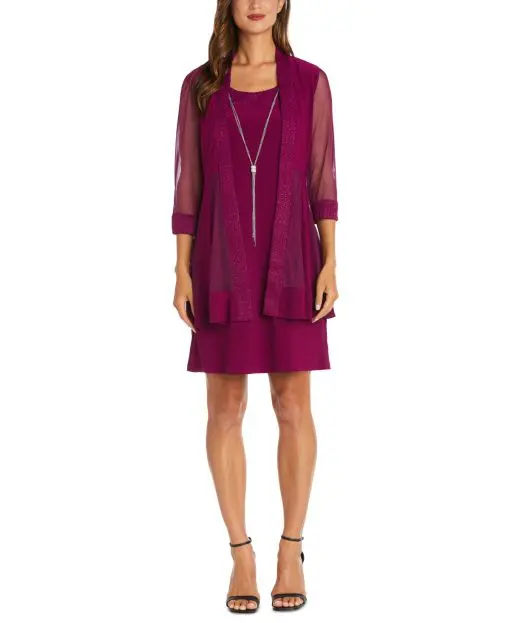 R M Richards Sheer Jacket Necklace Dress Berry 14