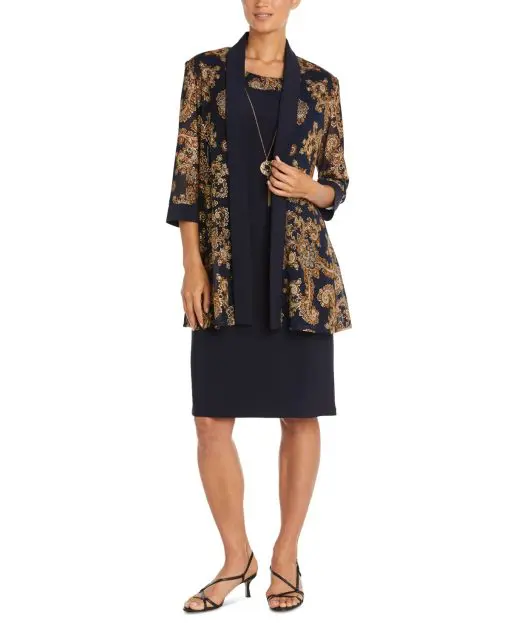 R M Richards Plus Size 2-Pc. Printed Jacket NavyGold 18W