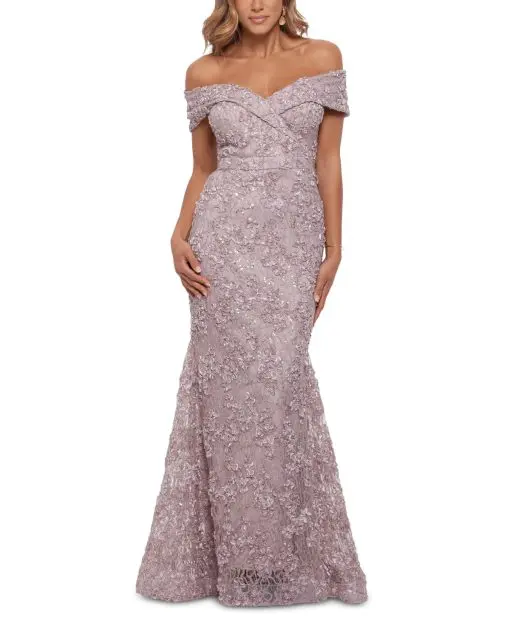 XSCAPE Off-The-Shoulder Lace Gown Taupe 16