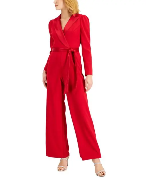 Adrianna Papell Notched-Collar Belted Jumpsuit Haute Red 8