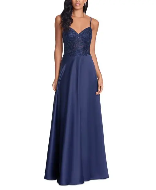 Blondie Nites Juniors Lace-Up-Back Gown Navy 5