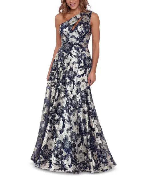 Betsy Adam Metallic-Floral One-Shoulder G NavyGold 10