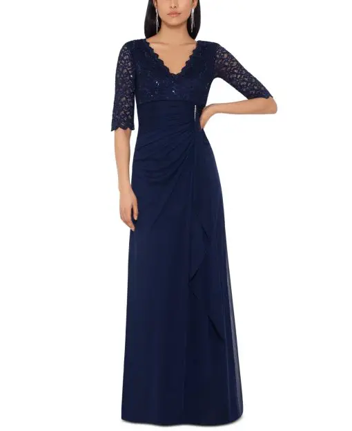 Betsy Adam Lace-Top Waterfall-Detail Gown Navy Blue 16