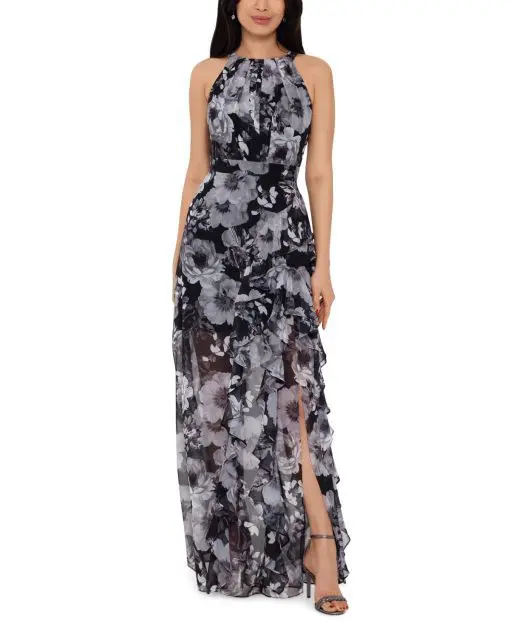 Betsy Adam Tie-Back Chiffon Halter Gown BlackGray Floral 16