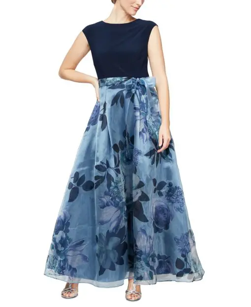 SL Fashions Petite Floral-Print Ball Gown Navy 12P