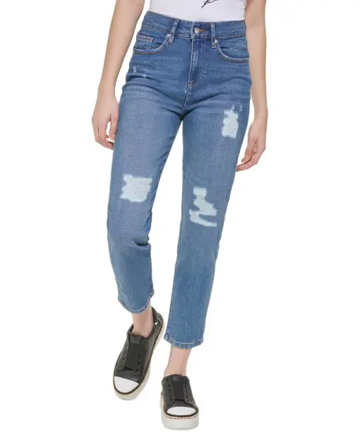 KARL LAGERFELD PARIS Distressed Ankle Jeans Bluestar Wash 12