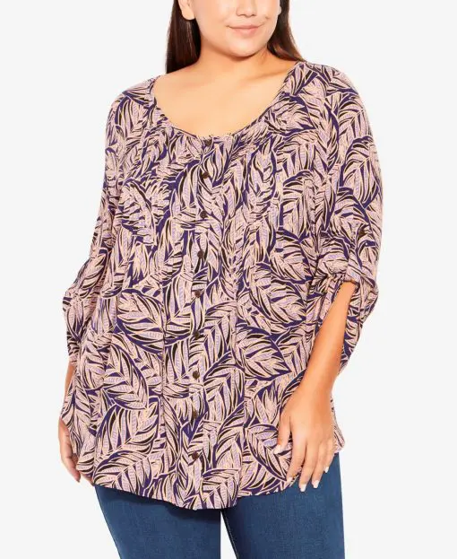 AVENUE Plus Size Sandy Pintuck Print Violet Palm 20W