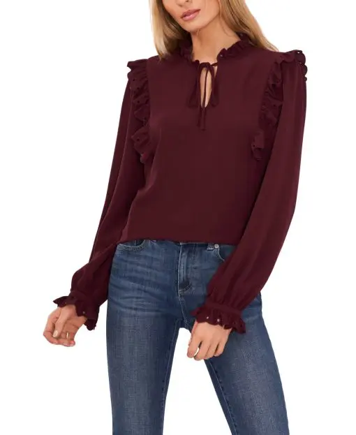 CeCe Ruffled Tie-Neck Blouse Rich Cabernet L