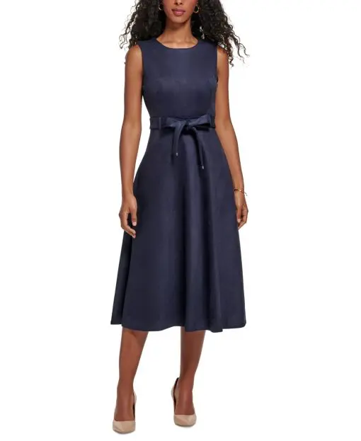 Calvin Klein Womens Faux-Suede Belted Midi Navy 4