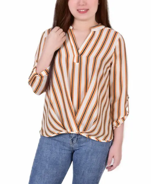 NY Collection Petite Size 34 Push Tab Manda Mustard Ivory Stripe PL