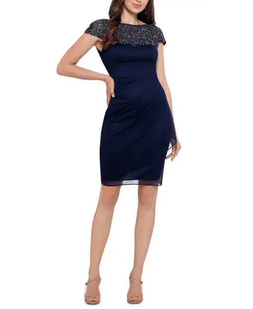 XSCAPE Petite Lace-Topped Jersey Dres NavyGunmetal 4P