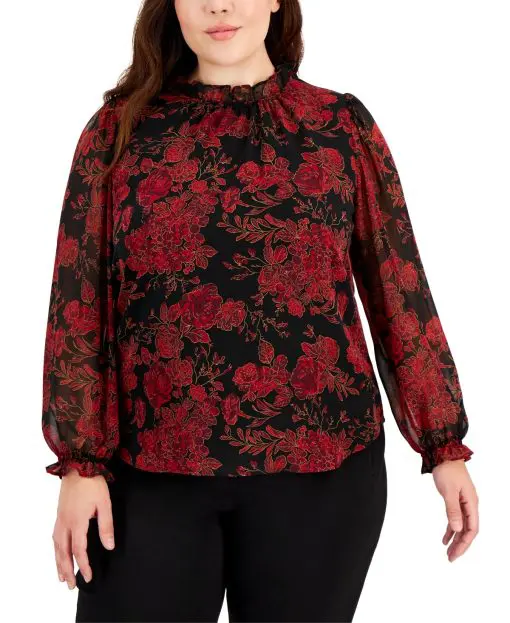 Anne Klein Plus Size Floral-Print Ruffle- Anne Black Combo 1X