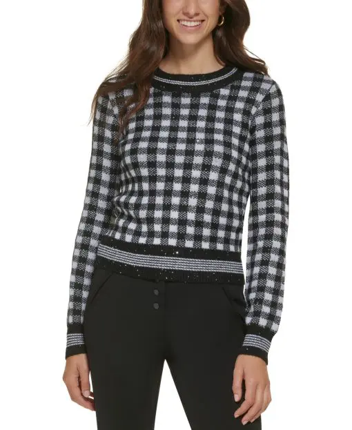 KARL LAGERFELD PARIS Womens Plaid Pullover Sparkle Black White L