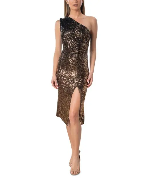 Dress the Population Womens One-Shoulder Sequined Gold Multi M