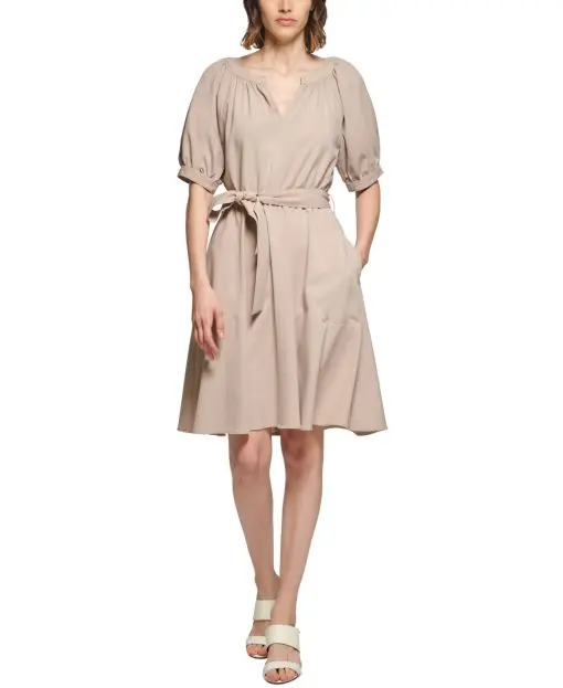 Calvin Klein Womens Puff-Sleeve Belted Dre Khaki 12