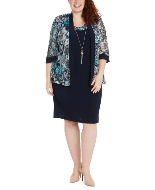 R M Richards Plus Size 34-Sleeve Printed J NavyTeal 18W