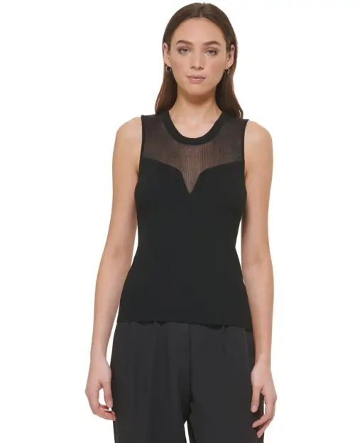 DKNY Womens Mesh-Yoke Sleeveless R Black L