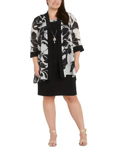 R M Richards Plus Size 2-Pc. Printed Jacket BlackWhite 14W