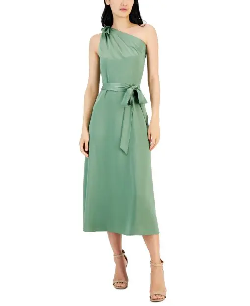 Anne Klein Womens One-Shoulder Tie-Waist Green Loden 10