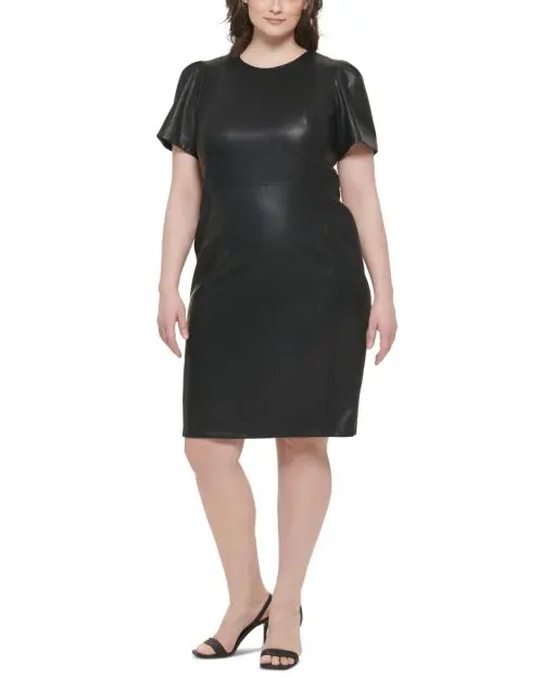 Calvin Klein Plus Size Faux-Leather Sheath Black 14W