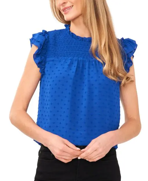 CeCe Womens Smocked-Yoke Ruffle-Sl Deep Royal Blue L