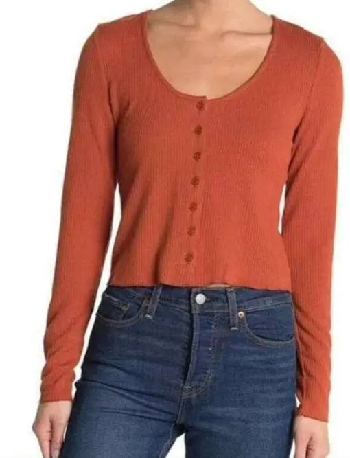 Abound Women's Long Sleeve Scoop Neck Button Front Crop Knit Top Orange L NW