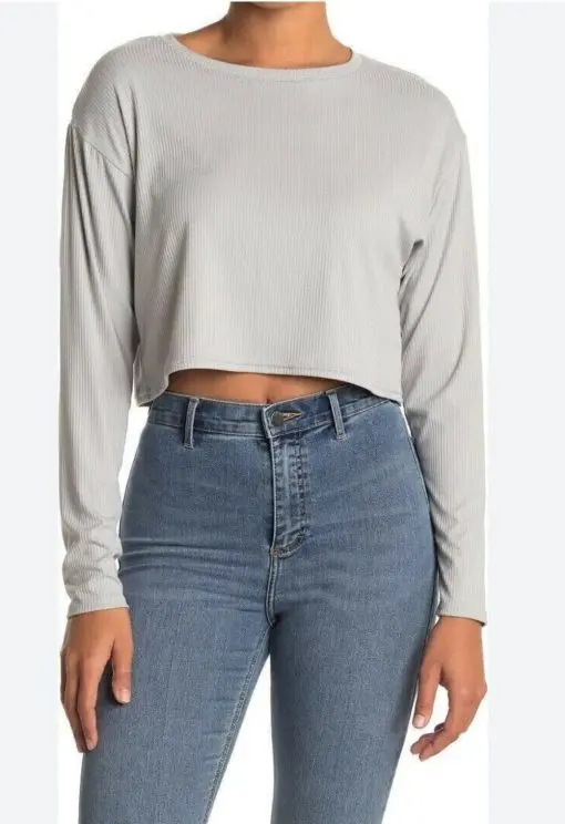 ABOUND Womens Ribbed Knit Long Sleeve Cropped Top Grey L