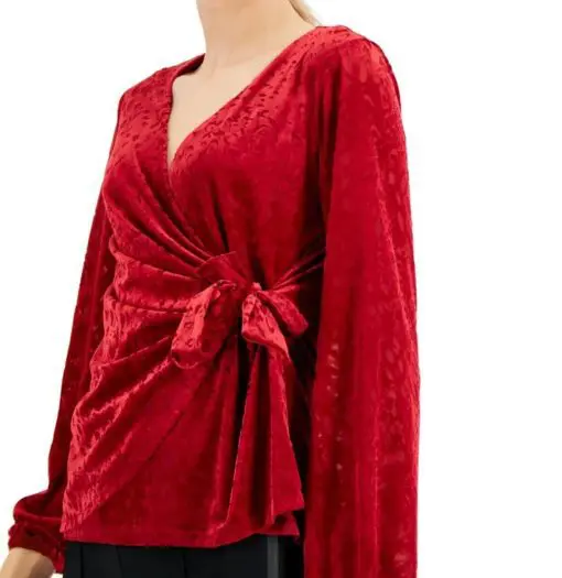 Alfani Petite Velvet Wrap Top,  SZ PXL Burnt Red