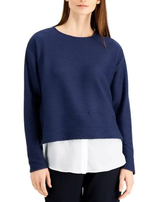 ALFANI Womens Navy Textured Layered-look Color Block Long Sleeve Scoop Neck Top XL