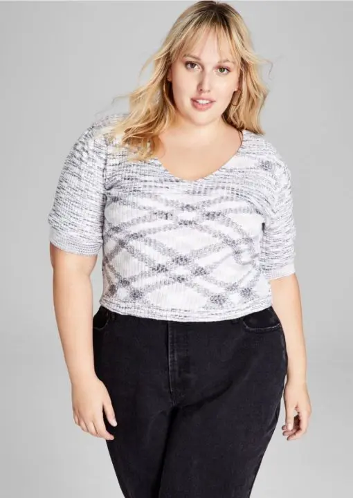 And Now This Trendy Plus Size Space-Dyed Puff-Sleeve Top - Black/white 3X