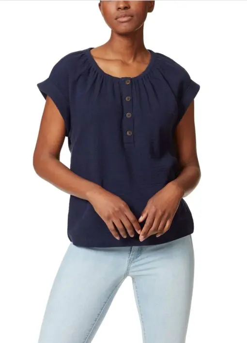 Anne Klein Jeans Womens Navy Textured Henley Neck Roll Cuffs Short Sleeve Wear to Work Top M