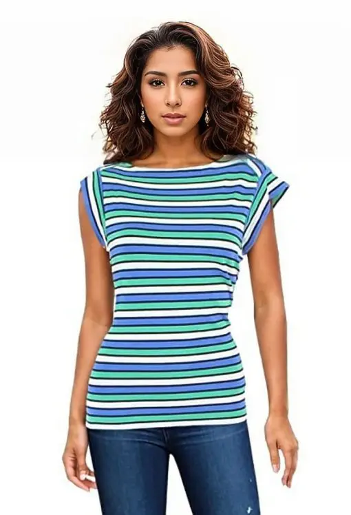 Anne Klein Womens Cap Sleeve Striped Pullover Top