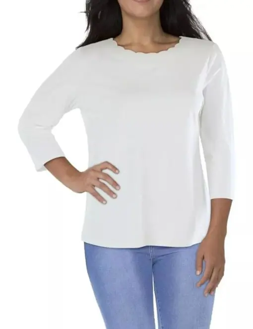 ANNE KLEIN Womens White Scalloped 3/4 Sleeve Round Neck Top Plus 0X