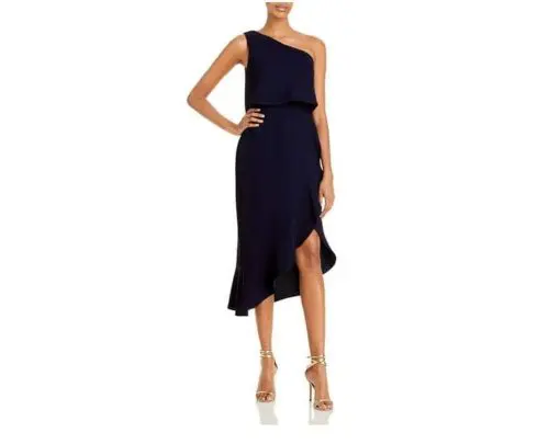 AQUA FORMAL Womens Navy Stretch Zippered Ruffled Crepe Tulip Hem Lined Sleeveless Asymmetrical Neckline Tea-Length Cocktail Hi-Lo Dress 4