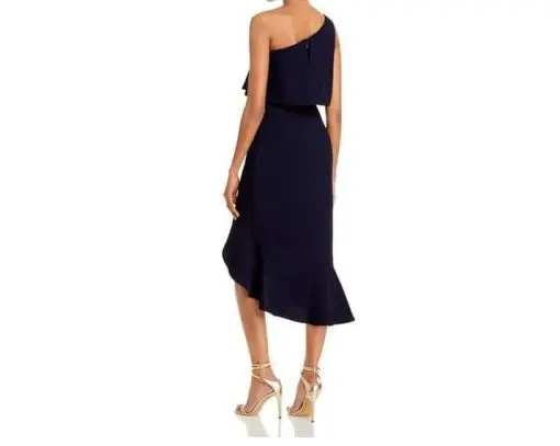 AQUA FORMAL Womens Navy Stretch Zippered Ruffled Crepe Tulip Hem Lined Sleeveless Asymmetrical Neckline Tea-Length Cocktail Hi-Lo Dress 4 - Image 2