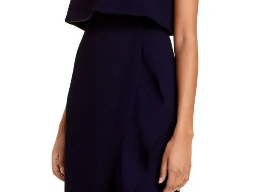 AQUA FORMAL Womens Navy Stretch Zippered Ruffled Crepe Tulip Hem Lined Sleeveless Asymmetrical Neckline Tea-Length Cocktail Hi-Lo Dress 4 - Image 3