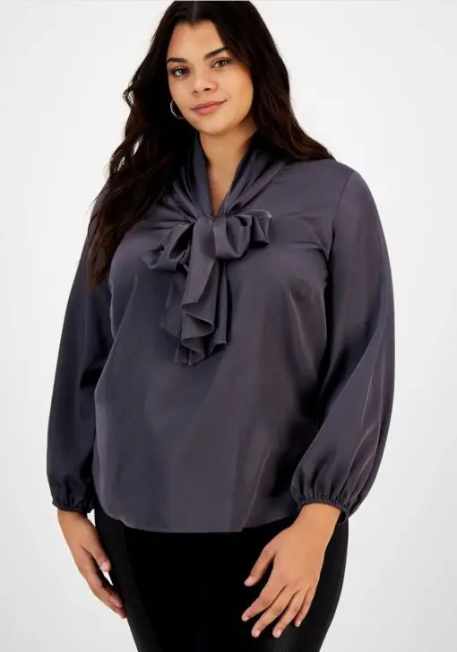 Bar Iii Plus Size Bow-Tie Long-Sleeve Blouse,  Dark Rhodium 2X