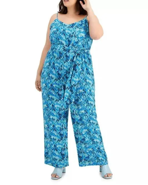 Bar III Women's Plus V Neck Printed Jumpsuit Blue Size 3X