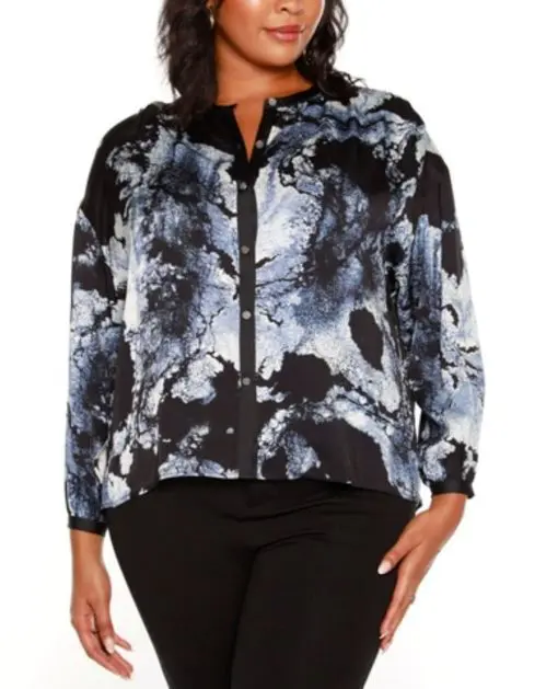 Belldini Black Label Plus Size Printed Button-front Blouse Top 3X