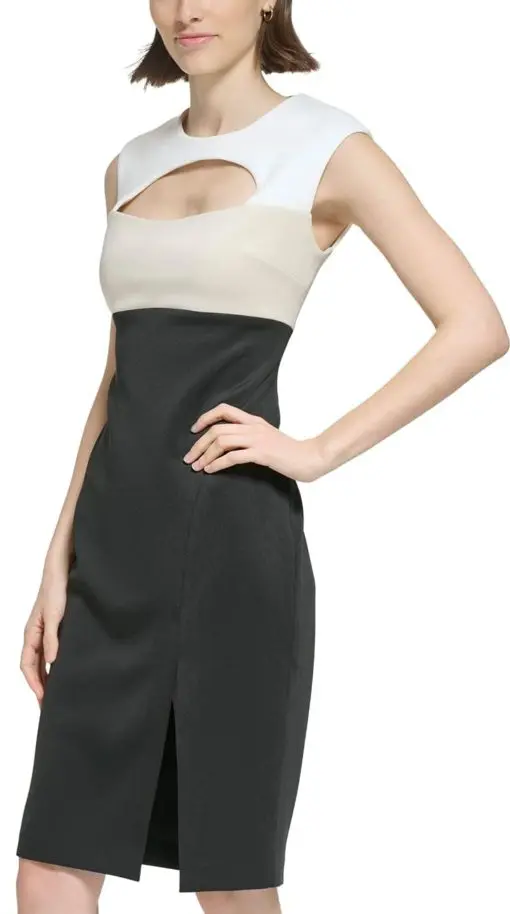 Calvin Klein Color-Block Scuba Sheath Black Oatmeal/Cream 14