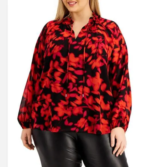 Calvin Klein Plus Size Floral-Print Tie-Neck Top 3X