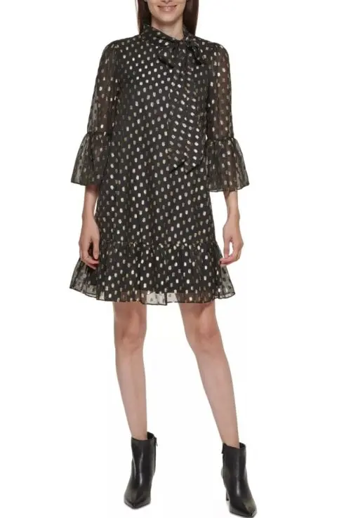 CALVIN KLEIN Womens Black Lined Sheer Tie Ruffled Keyhole Back Polka Dot Bell Sleeve Mock Neck Above The Knee Shift Dress 6P