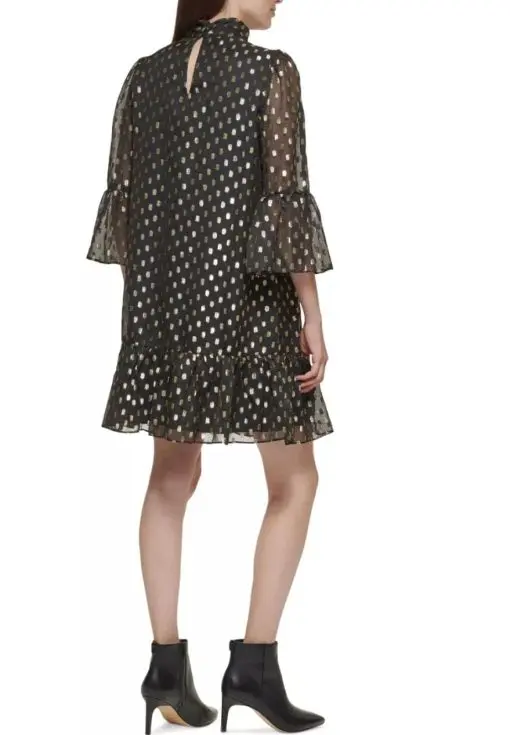 CALVIN KLEIN Womens Black Lined Sheer Tie Ruffled Keyhole Back Polka Dot Bell Sleeve Mock Neck Above The Knee Shift Dress 6P - Image 3