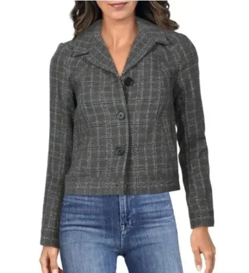 Calvin Klein Womens Gray Textured Fitted Plaid Wear to Work Blazer 14P