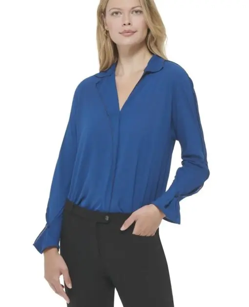 Calvin Klein Women's Long Sleeve V-Neck Collared Blouse Women Women's Clothing - Tops. XL