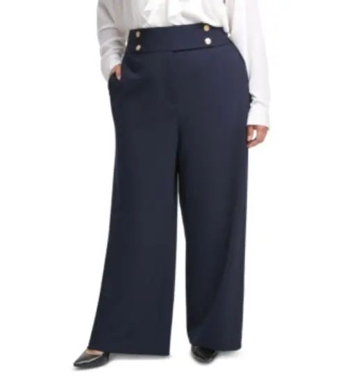 CALVIN KLEIN Womens Navy Embellished Pocketed Zippered Wear to Work Wide Leg Pants Plus 24W