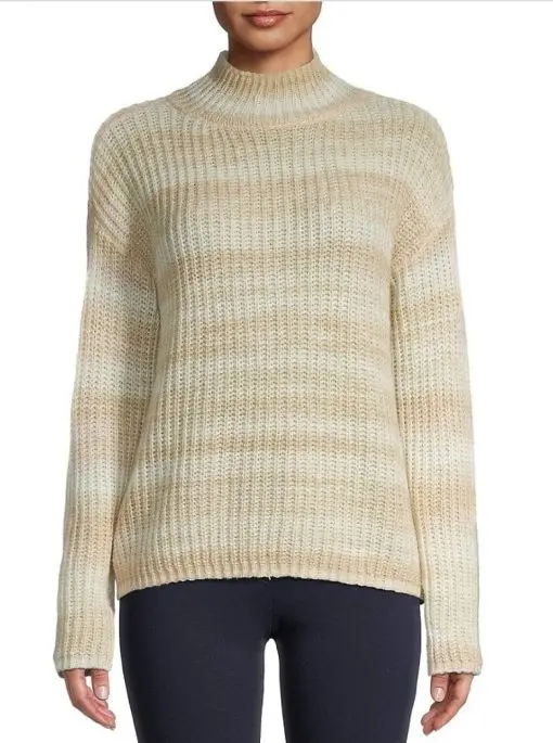 Calvin Klein Women's Striped Mockneck Sweater - Latte - Size XL