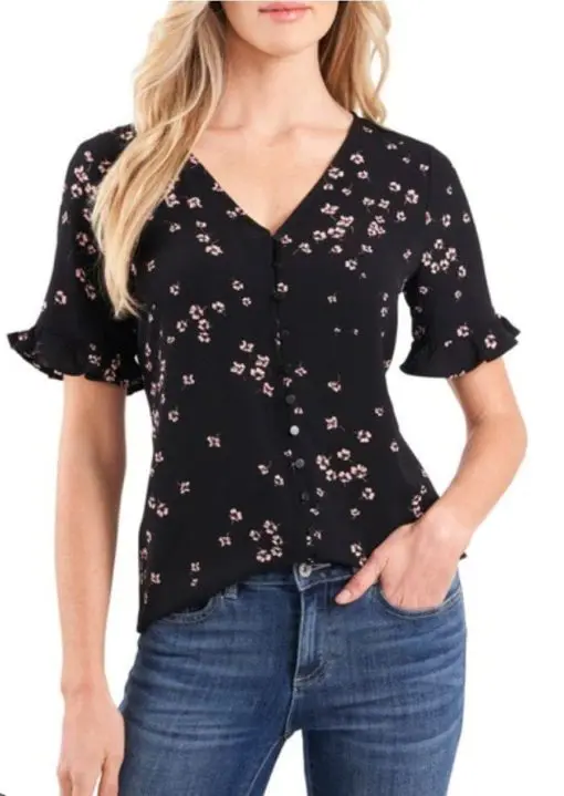 CeCe Cascading Florets Ruffled Sleeve Top - Rich Black XS